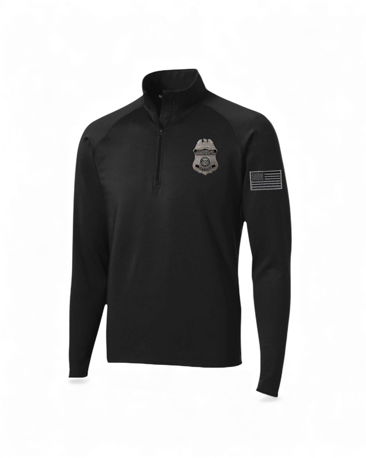 ST850 SPORT TEK 1/4 ZIP PULLOVER WITH CBP OFFICER BADGE AND FLAG LEFT SLEEVE-GREY/BLACK