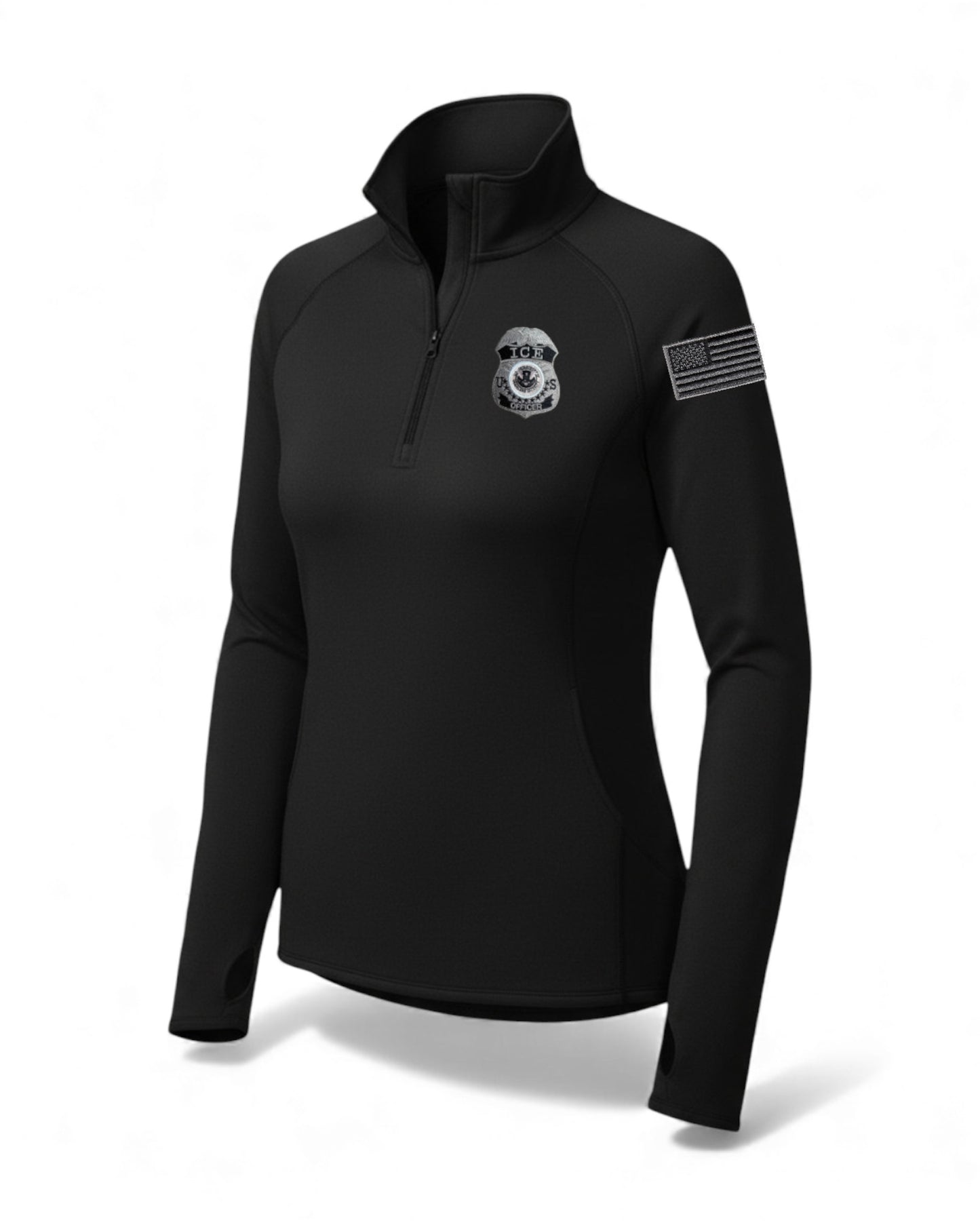 LADIES LST850 SPORT TEK 1/4 ZIP PULLOVER WITH ICE OFFICER BADGE AND FLAG LEFT SLEEVE-GREY/BLACK