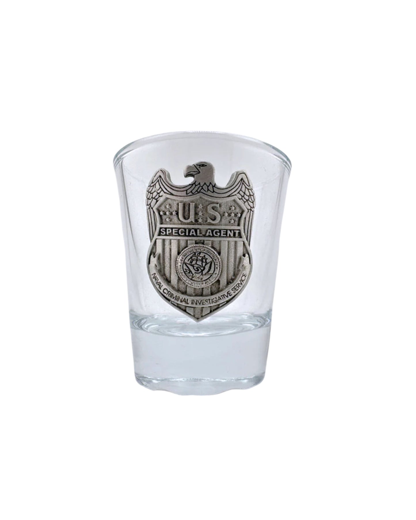 NCIS ROUND SHOT GLASS W/ PEWTER BADGE