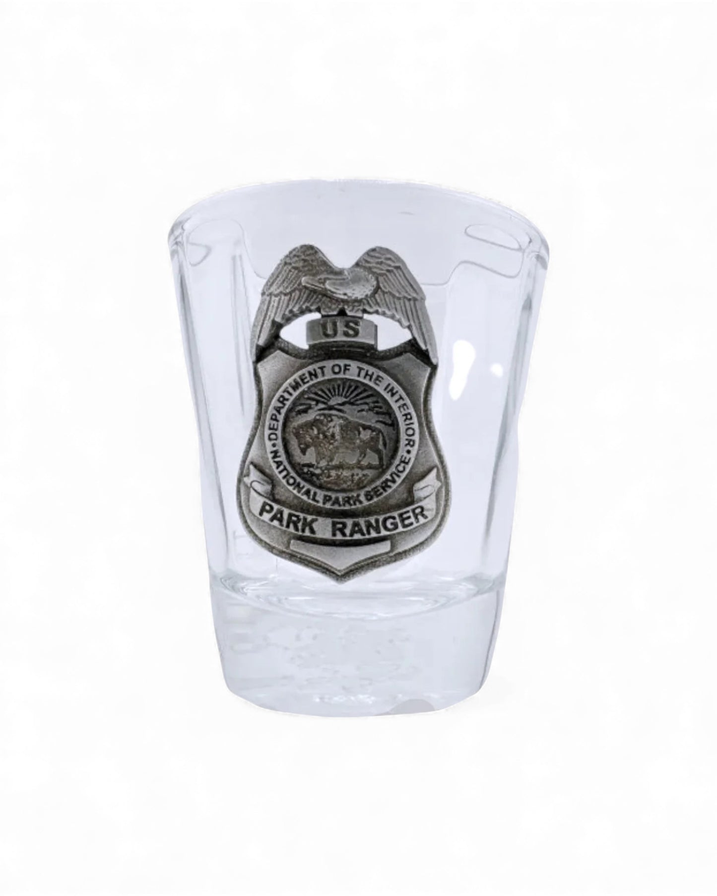 NPS ROUND SHOT GLASS W/PEWTER BADGE