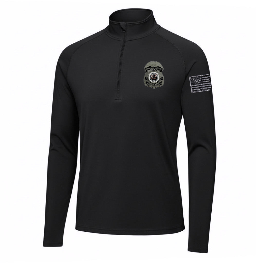 ST850 SPORT TEK 1/4 ZIP PULLOVER WITH HSI SPECIAL AGENT BADGE AND FLAG LEFT SLEEVE-GREY/BLACK