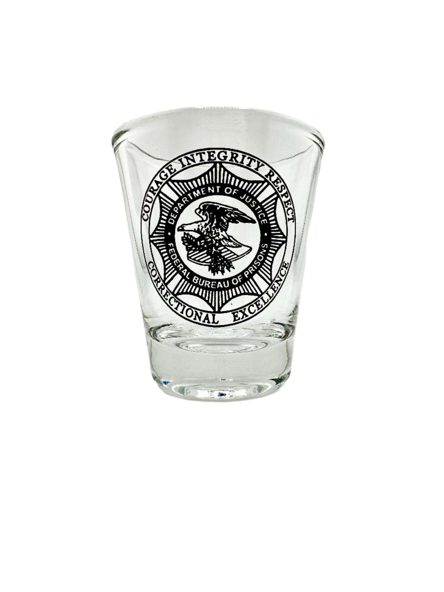 BOP BADGE ROUND CLEAR SHOT GLASS (PRINTED)