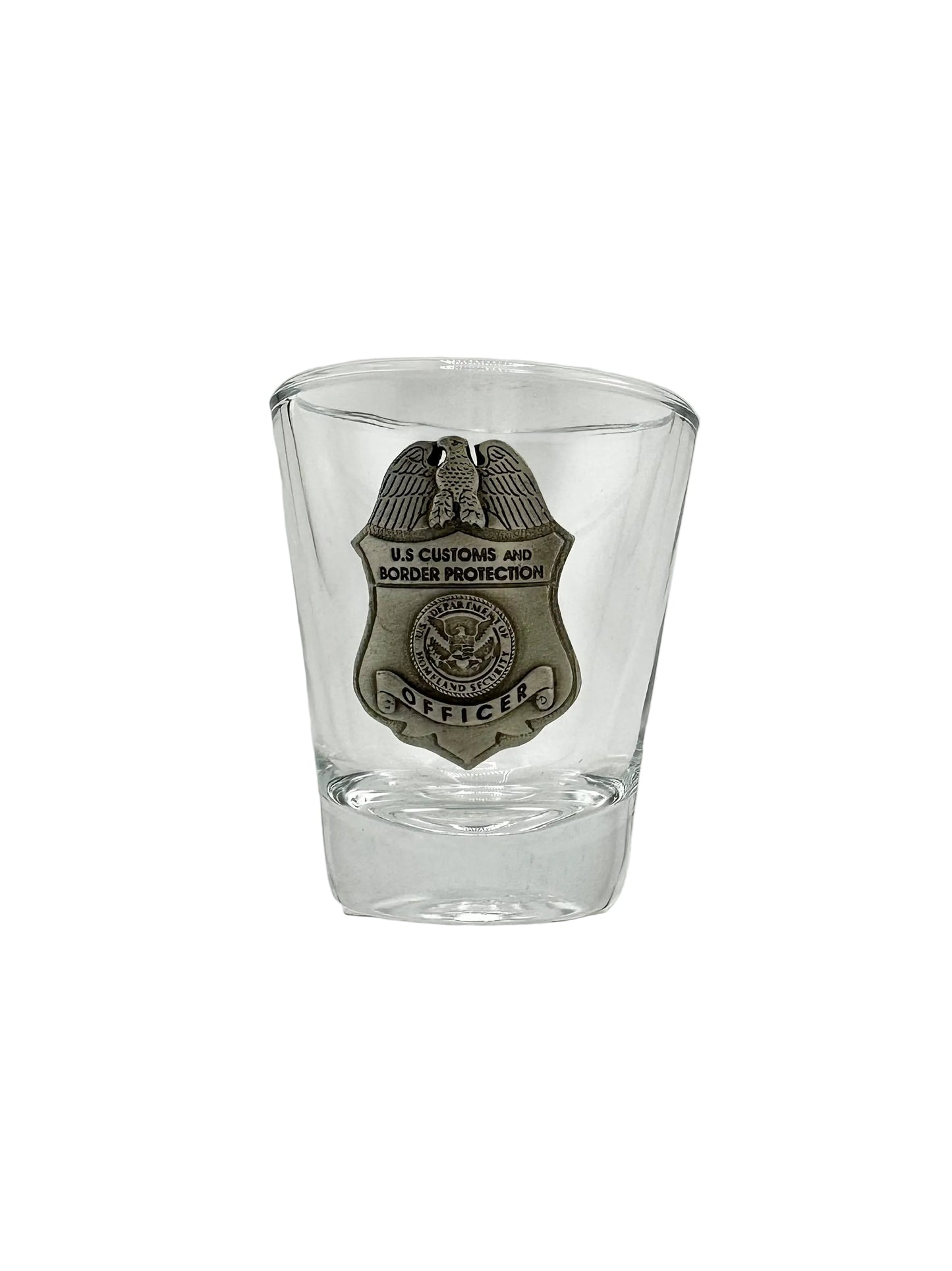 CBP OFFICER ROUND SHOT GLASS WITH PEWTER BADGE
