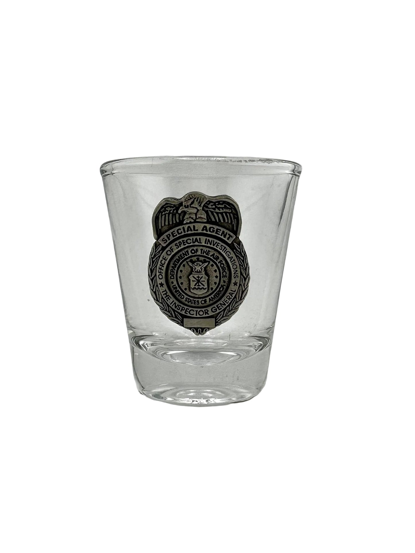 AF OSI, ROUND SHOT GLASS W/PEWTER BADGE