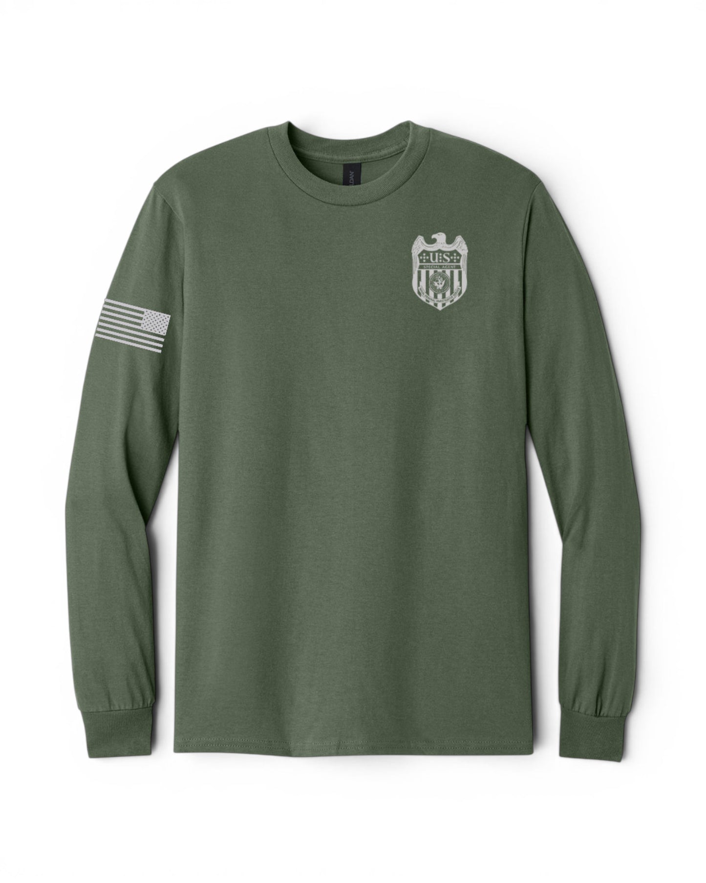 NCIS S/A BADGE W/ REV FLAG AGENCY RAID LONG SLEEVE T-SHIRT GILDAN HEAVY COTTON 5400 CLEARANCE