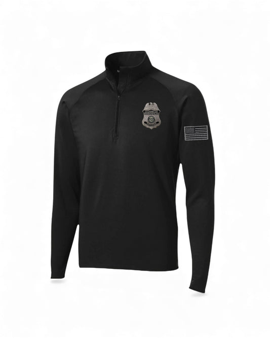 ST850 SPORT TEK 1/4 ZIP PULLOVER WITH CBP OFFICER BADGE AND FLAG LEFT SLEEVE-GREY/BLACK