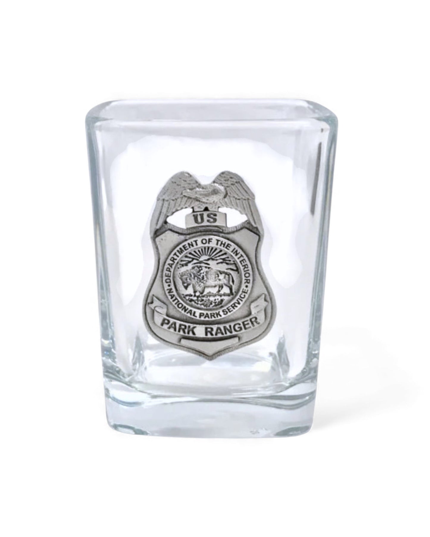 NPS SQUARE SHOT GLASS WITH PEWTER BADGE