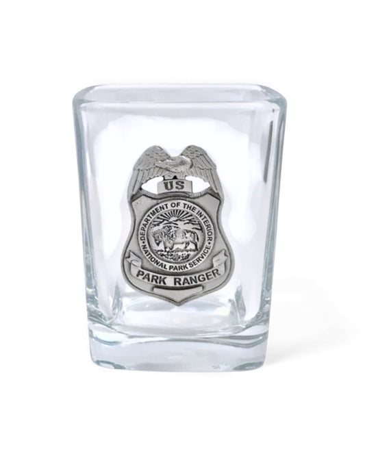 NPS SQUARE SHOT GLASS WITH PEWTER BADGE