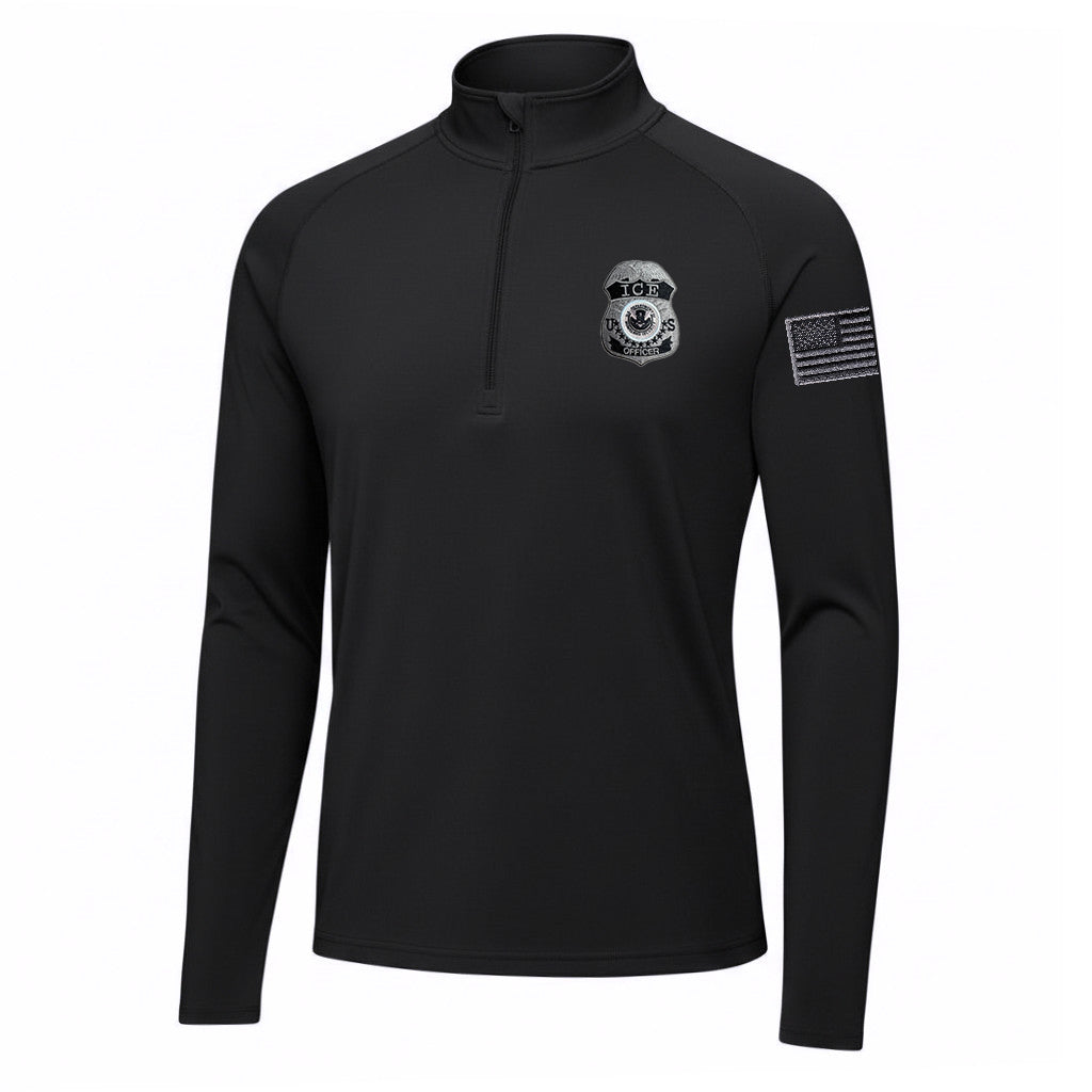 ST850 SPORT TEK 1/4 ZIP PULLOVER WITH ICE OFFICER BADGE AND FLAG LEFT SLEEVE-GREY/BLACK