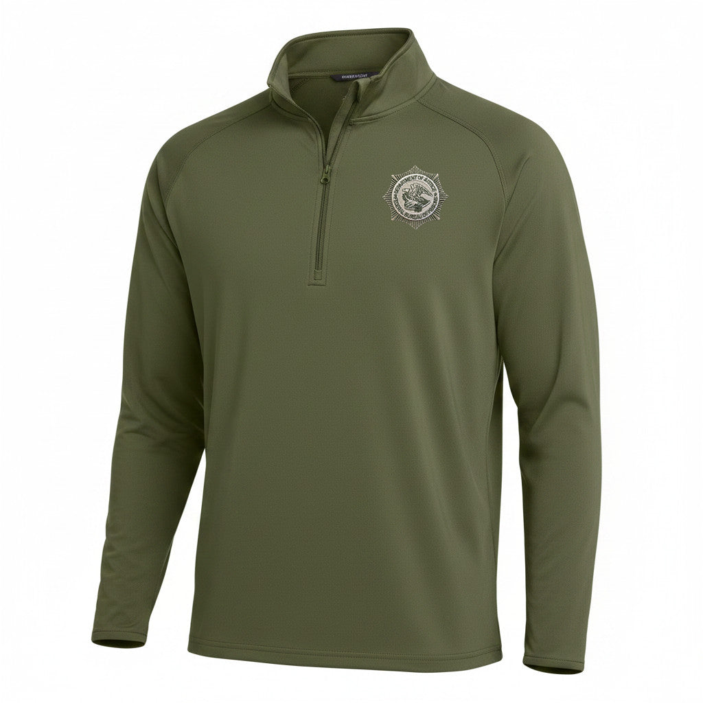 BOP STARBURST TAN/OD BADGE 1/4 ZIP PULLOVER SPORT-TEK SPORT WICK STRETCH ST850