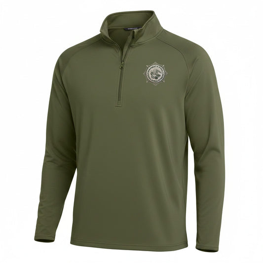 BOP STARBURST TAN/OD BADGE 1/4 ZIP PULLOVER SPORT-TEK SPORT WICK STRETCH ST850