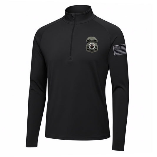 ST850 SPORT TEK 1/4 ZIP PULLOVER WITH HSI SPECIAL AGENT BADGE AND FLAG LEFT SLEEVE-GREY/BLACK