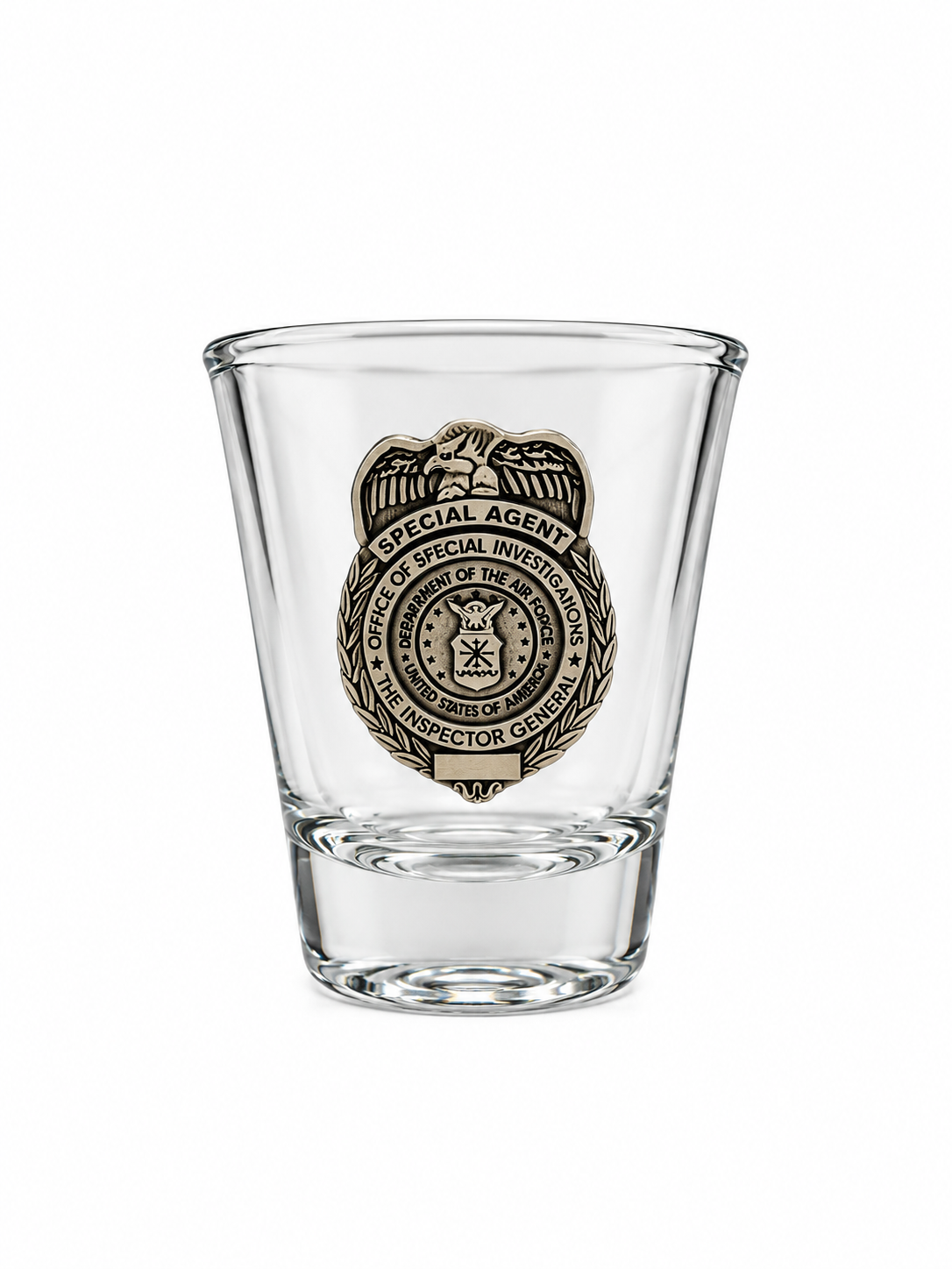 AF OSI, ROUND SHOT GLASS W/PEWTER BADGE