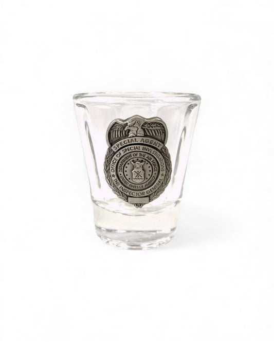 AF OSI, ROUND SHOT GLASS W/PEWTER BADGE