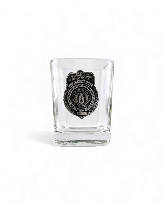 AF OSI, SQUARE SHOT GLASS W/PEWTER BADGE