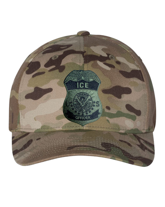ICE OFFICER BADGE FLEXFIT HAT-MULTI CAM GREEN