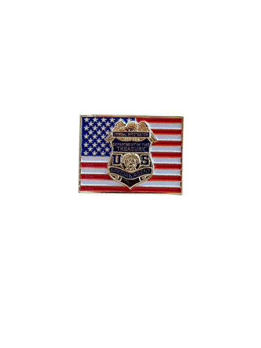 OVERSIZED IRS CI S/A BADGE  BADGE FLAG TIE PIN-GOLD/MULTI-1.25" X .75"