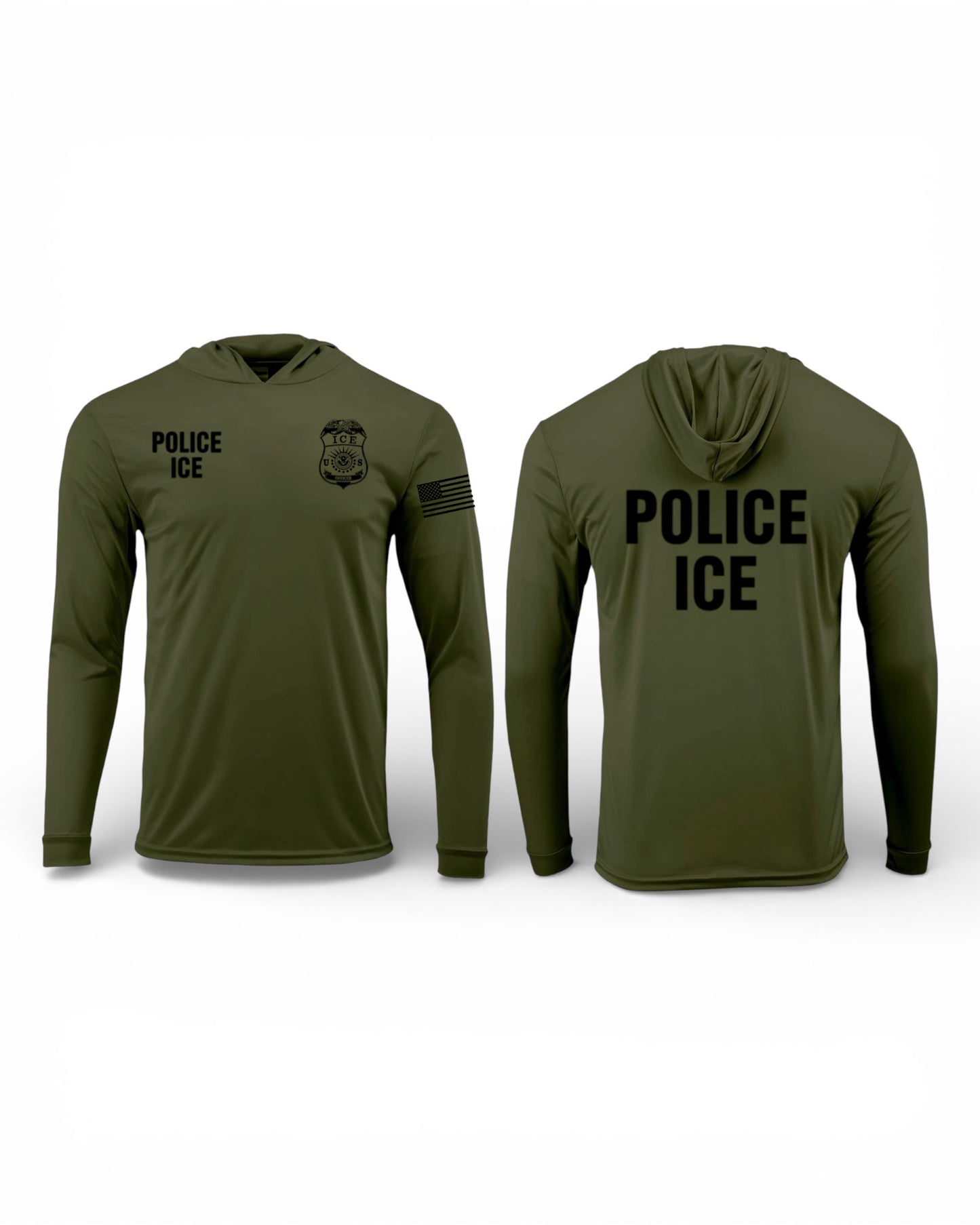 POLICE ICE HOODED PULLOVER L/S T-SHIRT 220-OLIVE GREEN/BLACK