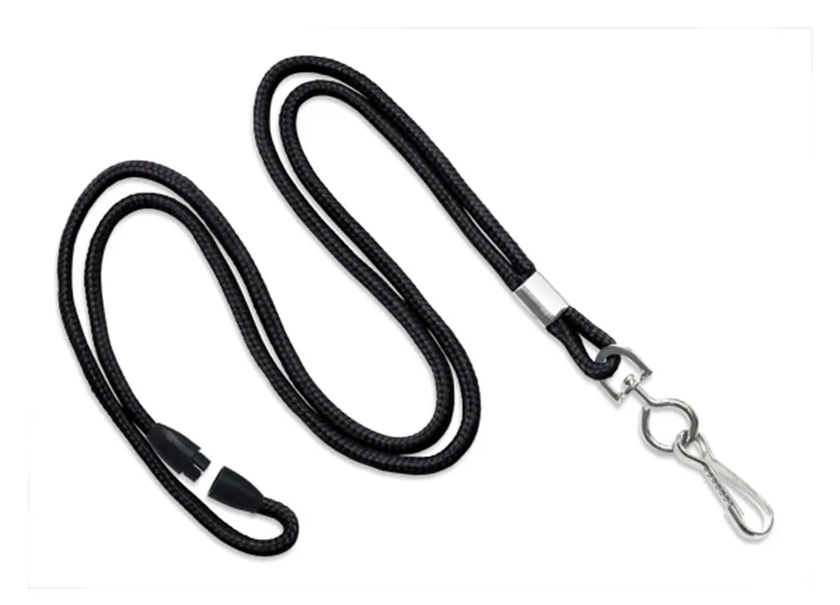 1/8" BLACK ROUND BRAID LANYARD W/ SAFETY BREAKAWAY & SWIVEL HOOK