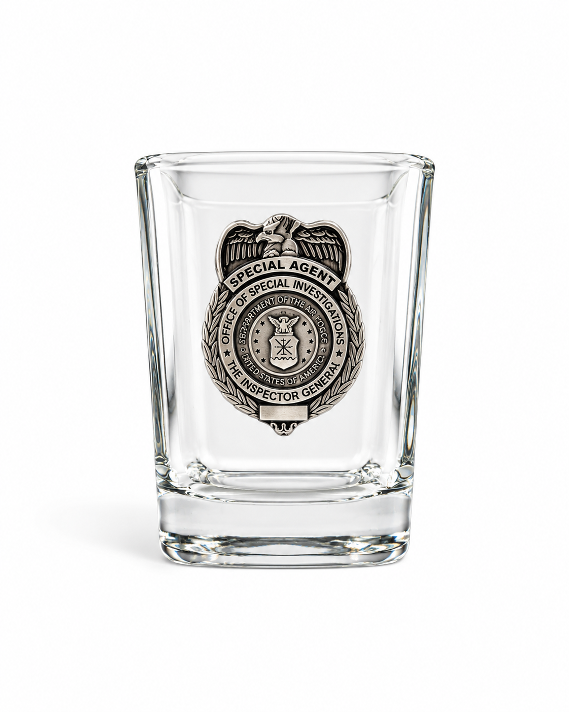 AF OSI, SQUARE SHOT GLASS W/PEWTER BADGE