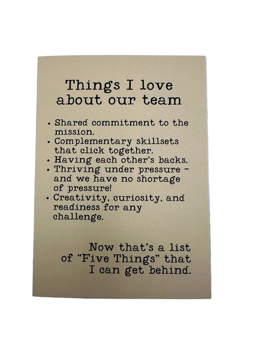 THINGS I LOVE ABOUT OUR TEAM CARD