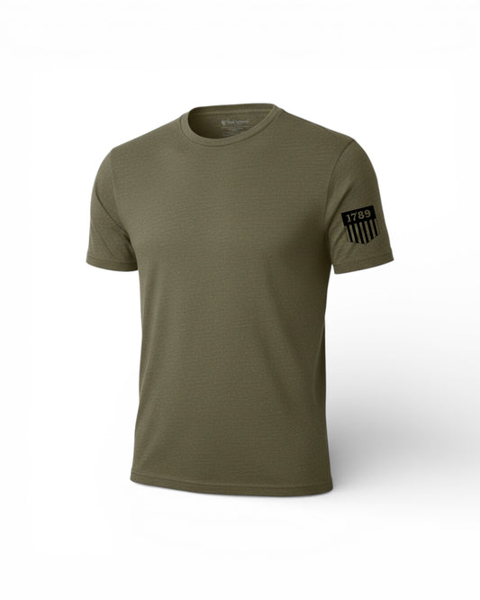 BLACK 1789 SHIELD ON LEFT SLEEVE T-SHIRT NEXT LEVEL SOFT COTTON-MIL GREEN-CLEARANCE