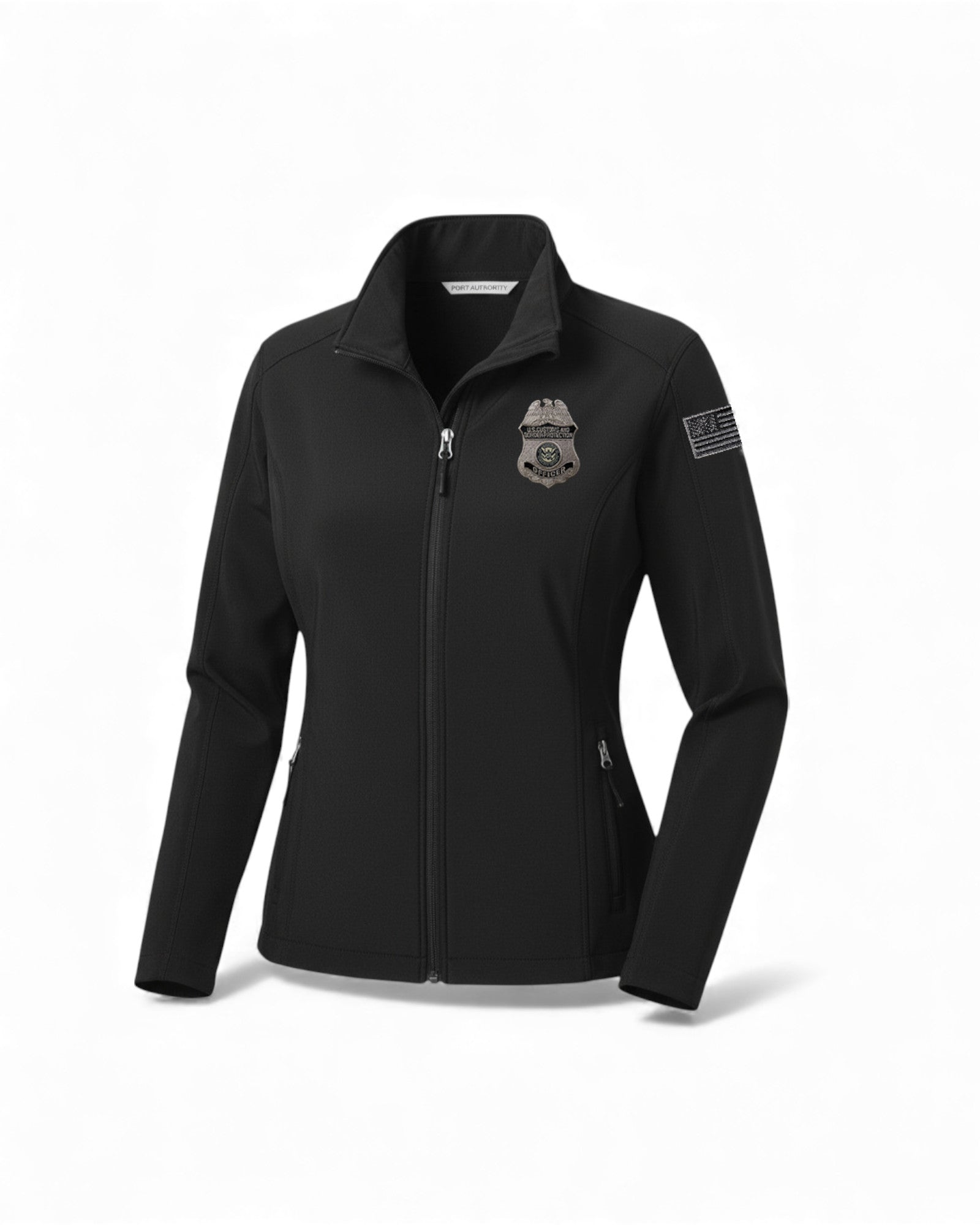 L31 Shell WOMEN'S CBP EMBROIDERED OFFICER BADGE GREY/BLACK SOFT SHELL JACKET-L31 ...