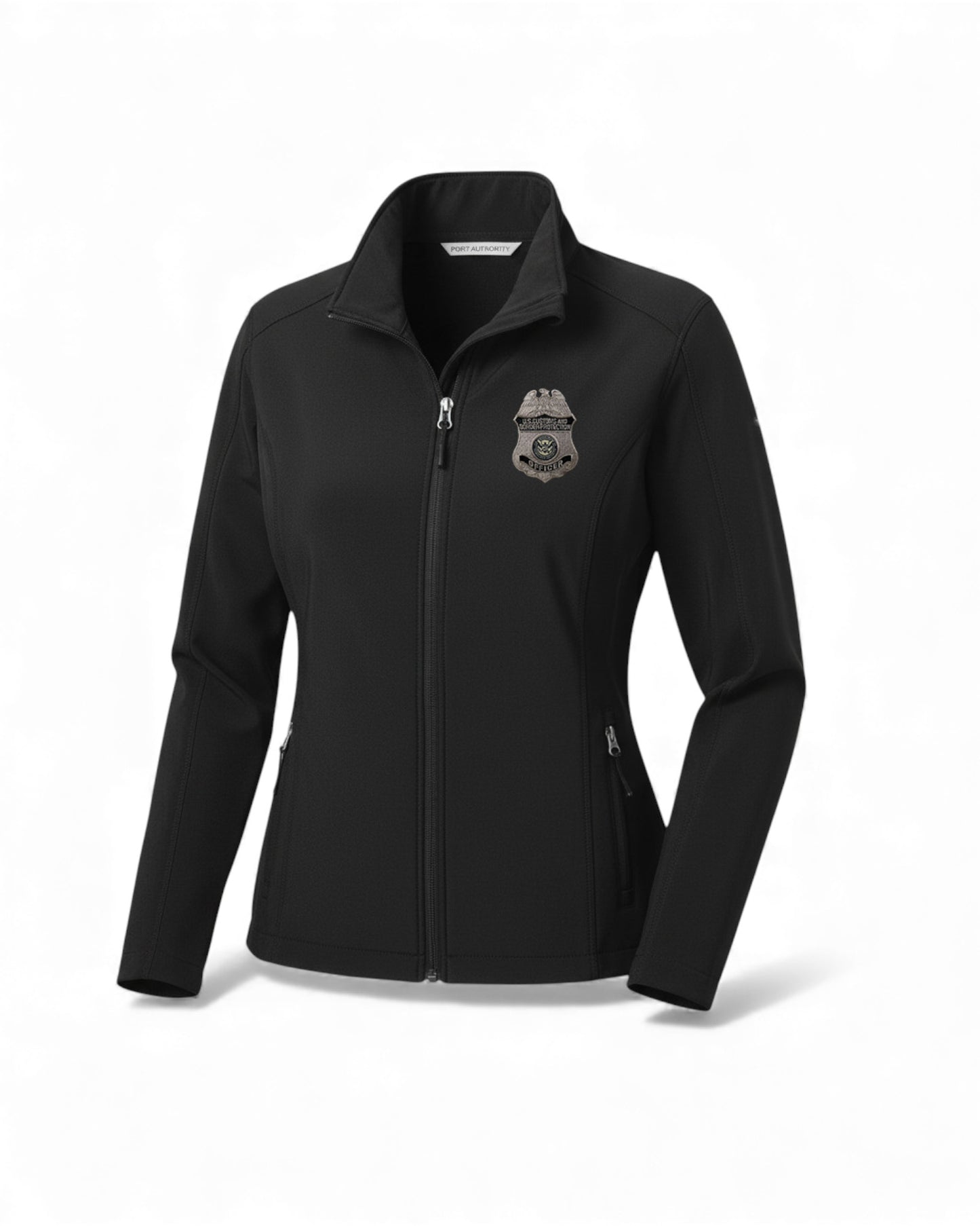 WOMEN'S CBP EMBROIDERED OFFICER BADGE GREY/BLACK SOFT SHELL JACKET-L317