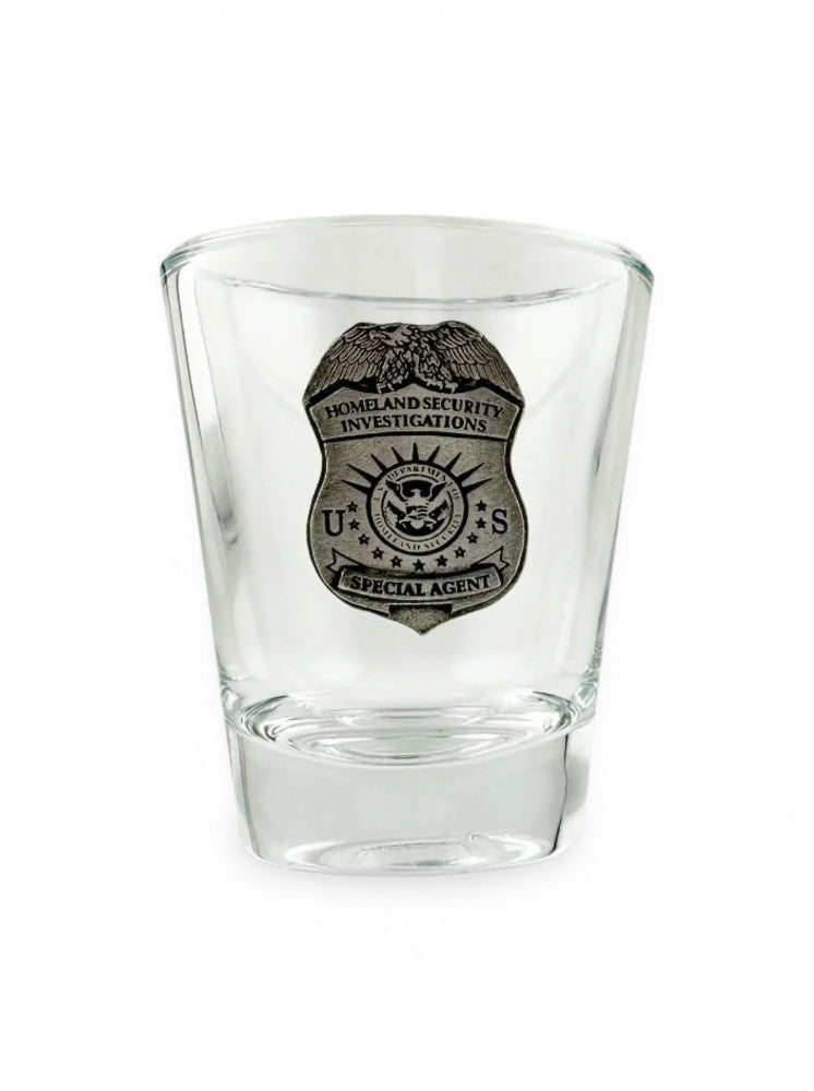 HSI ROUND SHOT GLASS WITH PEWTER BADGE