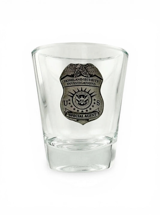 HSI ROUND SHOT GLASS WITH PEWTER BADGE