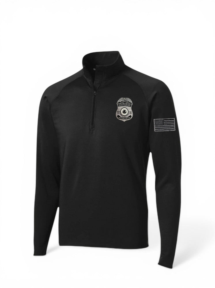 ST850 SPORT TEK 1/4 ZIP PULLOVER WITH HSI TASK FORCE OFFICER BADGE AND FLAG LEFT SLEEVE-GREY/BLACK