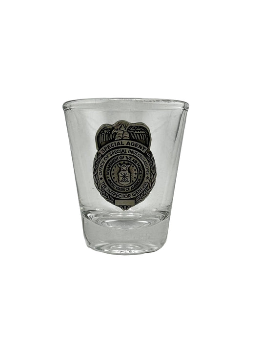AF OSI, ROUND SHOT GLASS W/PEWTER BADGE