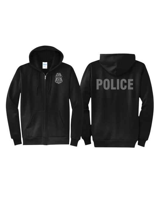 CBP OFFICER BADGE W/ POLICE ON BACK ZIP UP HOODIE SWEATSHIRT BLACK/GREY INK-PC78ZH-CLEARANCE