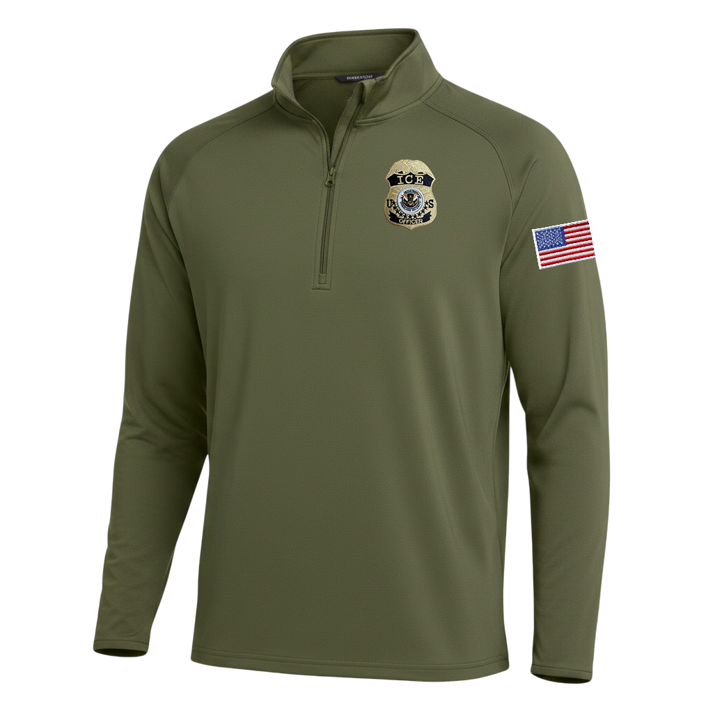 ST850 SPORT TEK 1/4 ZIP PULLOVER WITH ICE OFFICER BADGE GOLD AND FLAG LEFT SLEEVE-MULTI