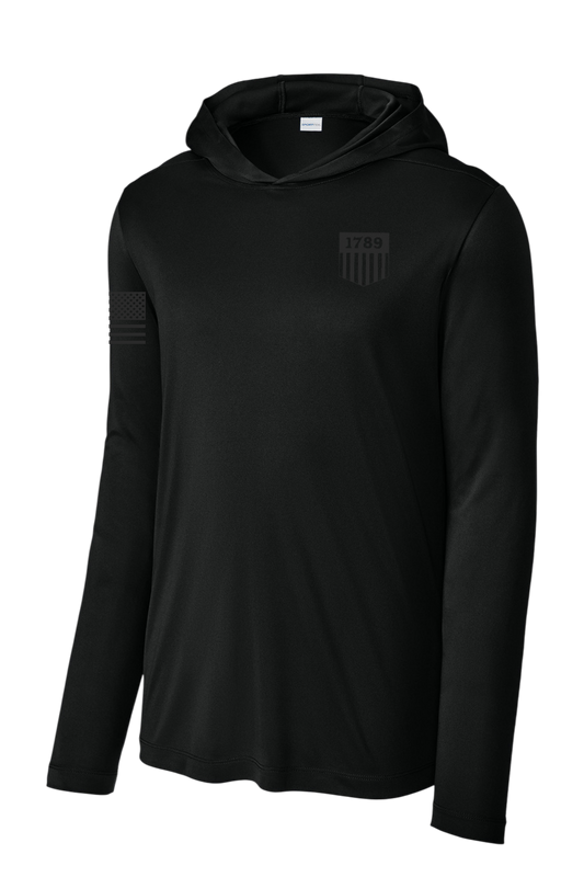 PRINTED 1789 SHIELD W/ REV FLAG SPORT TEK POSI UV LONG SLEEVE HOODIE ST420LSH