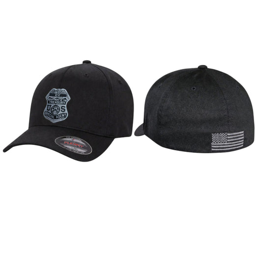 IRS CI GREY BADGE W/ FLAG BLACK FLEXFIT HAT