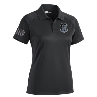 CS411 WOMENS TACTICAL POLO, IRS GREY BADGE/ FLAG RT SLEEVE