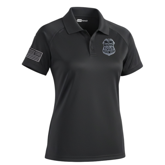 CS411 WOMENS TACTICAL POLO, IRS GREY BADGE/ FLAG RT SLEEVE