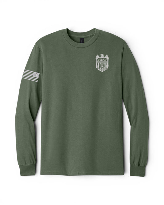 NCIS S/A BADGE W/ REV FLAG AGENCY RAID LONG SLEEVE T-SHIRT GILDAN HEAVY COTTON 5400 CLEARANCE