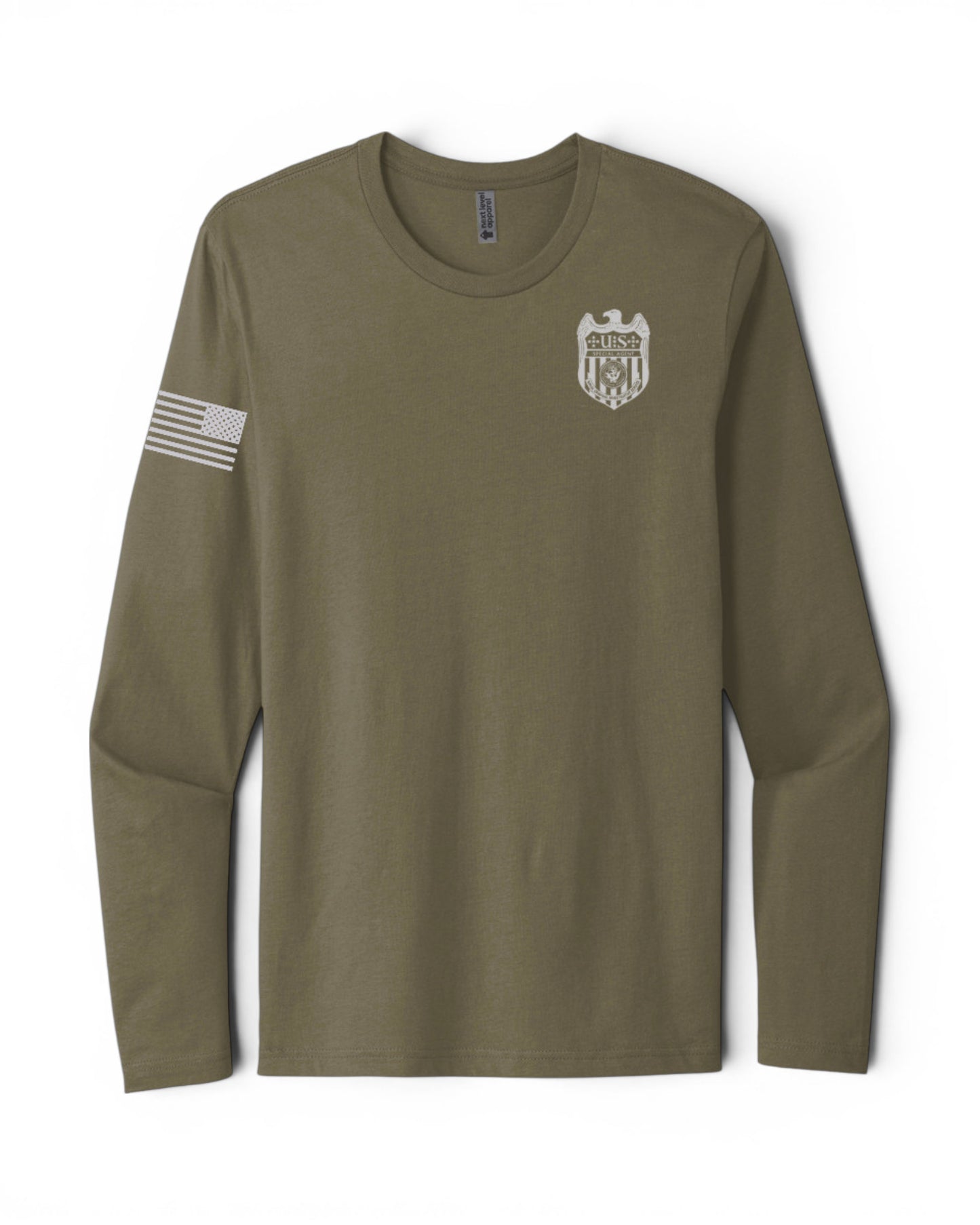 NCIS S/A BADGE W/ REV FLAG AGENCY RAID LONG SLEEVE T-SHIRT NEXT LEVEL SOFT COTTON 3601 CLEARANCE