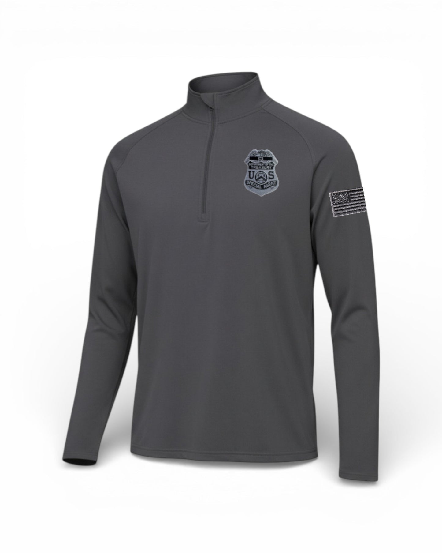 ST850 SPORT TEK 1/4 ZIP PULLOVER WITH IRS-CI GREY BADGE AND FLAG LEFT SLEEVE-GREY/BLACK
