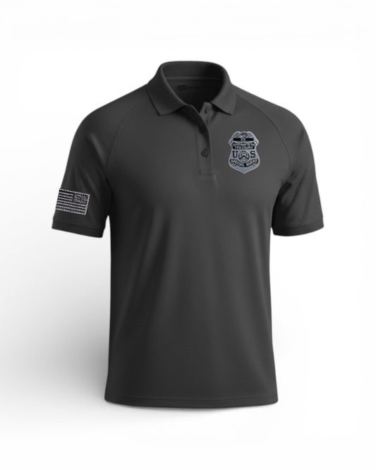 CS410 MENS TACTICAL POLO, IRS GREY BADGE/ FLAG RT SLEEVE