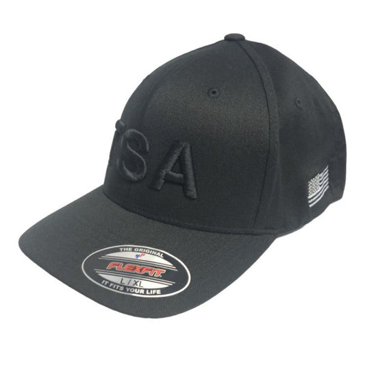 TSA BLACK OUT LETTERS W/ FLAG FLEXFIT HAT-BLACK
